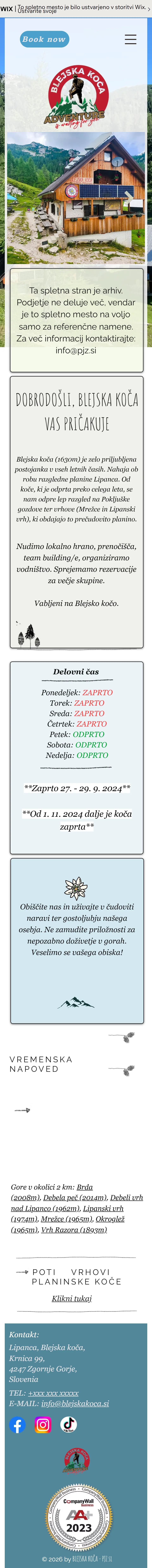 Blejska Koca website on mobile